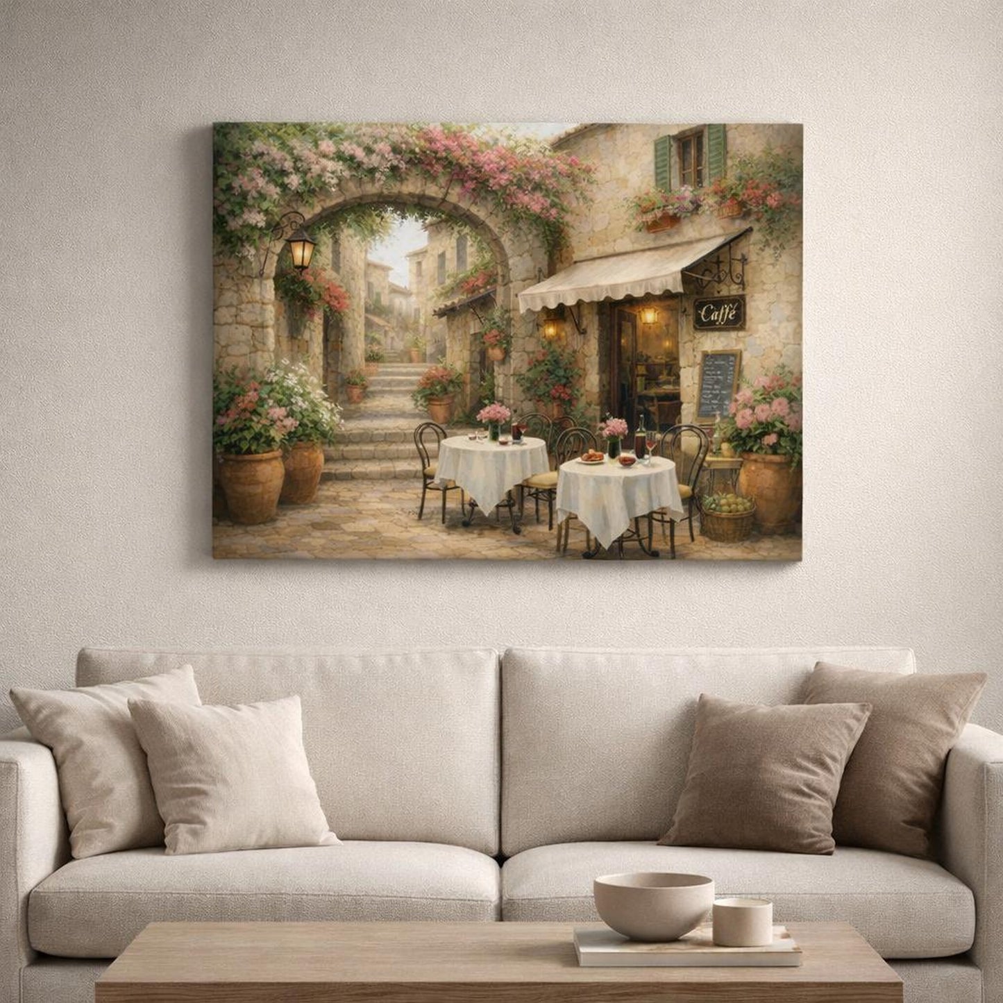 Floral Italian Alley Cafe shown as canvas wall art in a refined dining room