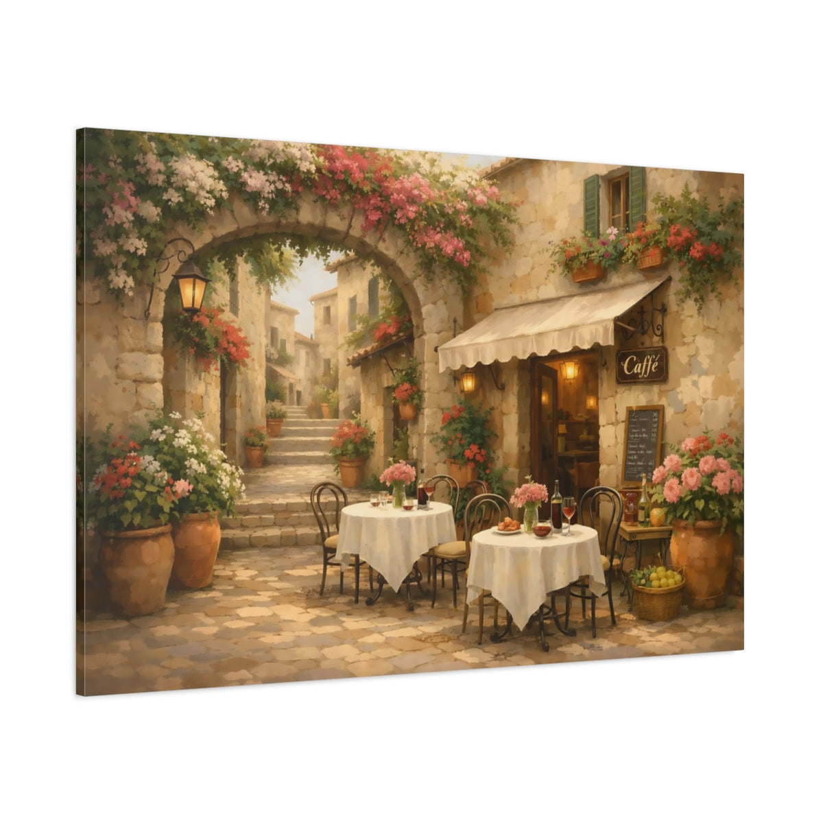 Floral Italian Alley Cafe shown as stretched canvas wall art