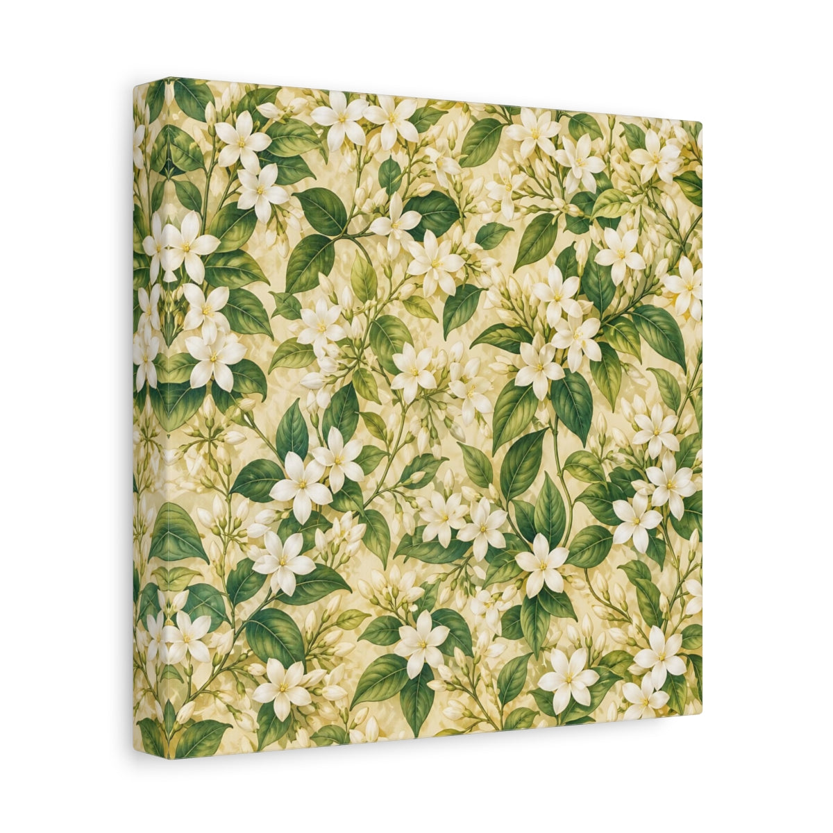 Side Mockup 9. Floral Jasmine Flowers White Green Floral shown as stretched canvas wall art