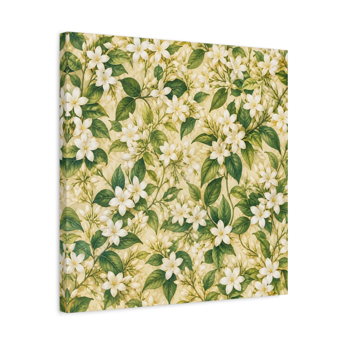 Side Mockup 5. Floral Jasmine Flowers White Green Floral shown as stretched canvas wall art