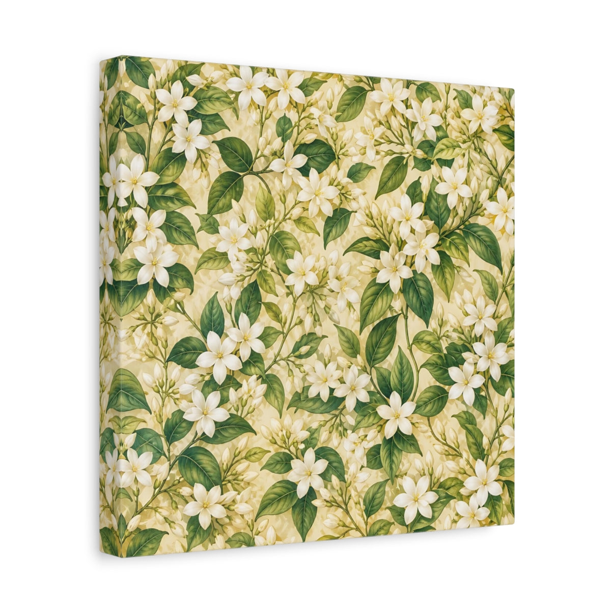 Side Mockup 8. Floral Jasmine Flowers White Green Floral shown as stretched canvas wall art
