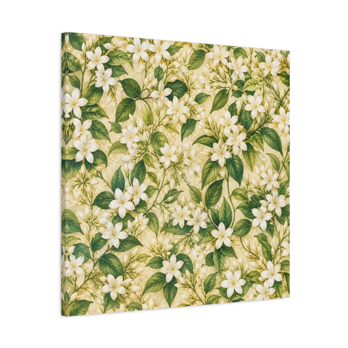 Side Mockup 3. Floral Jasmine Flowers White Green Floral shown as stretched canvas wall art