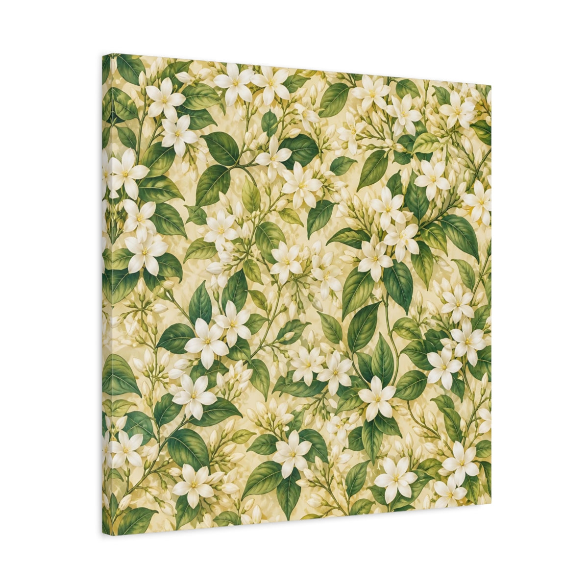 Side Mockup 4. Floral Jasmine Flowers White Green Floral shown as stretched canvas wall art