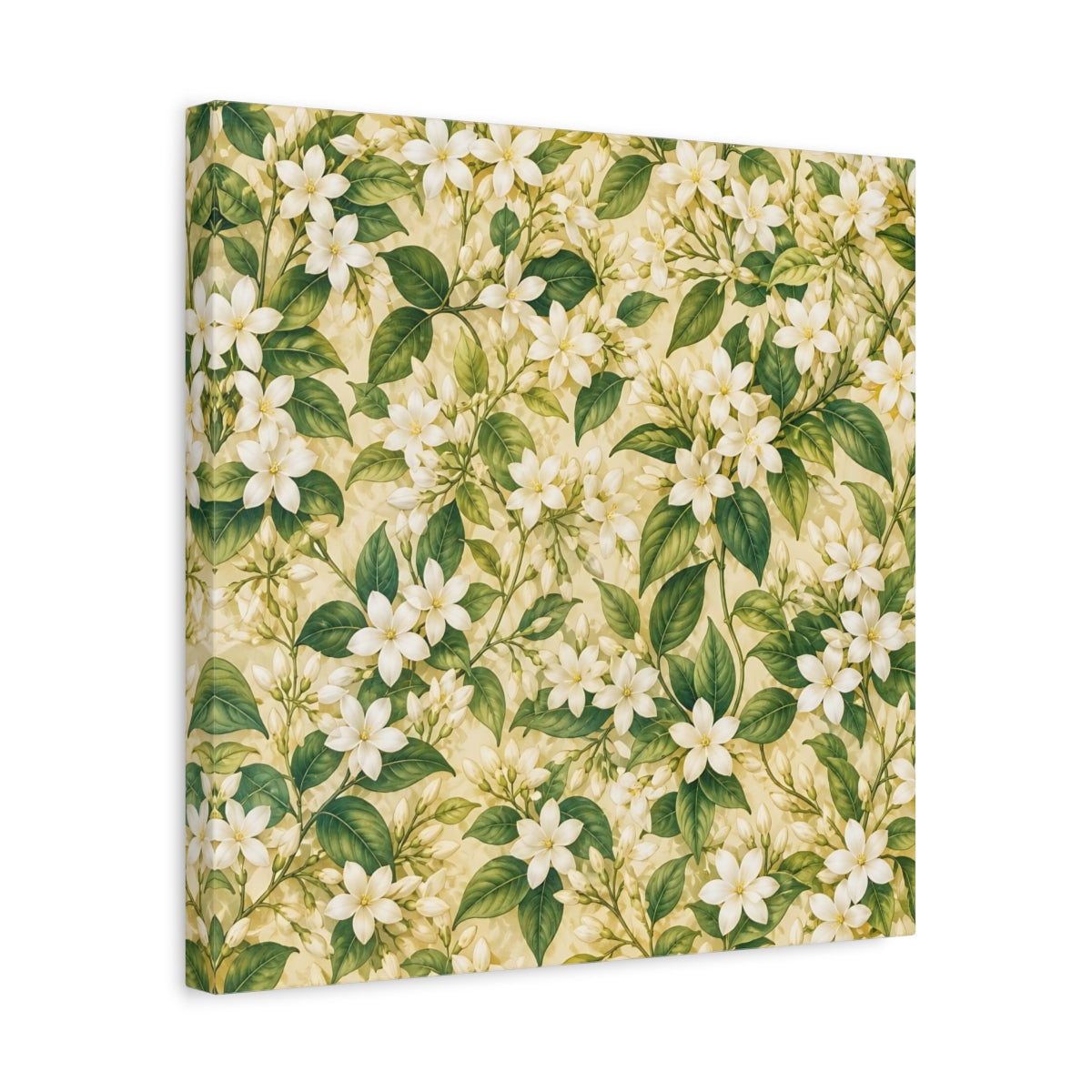 Side Mockup 6. Floral Jasmine Flowers White Green Floral shown as stretched canvas wall art