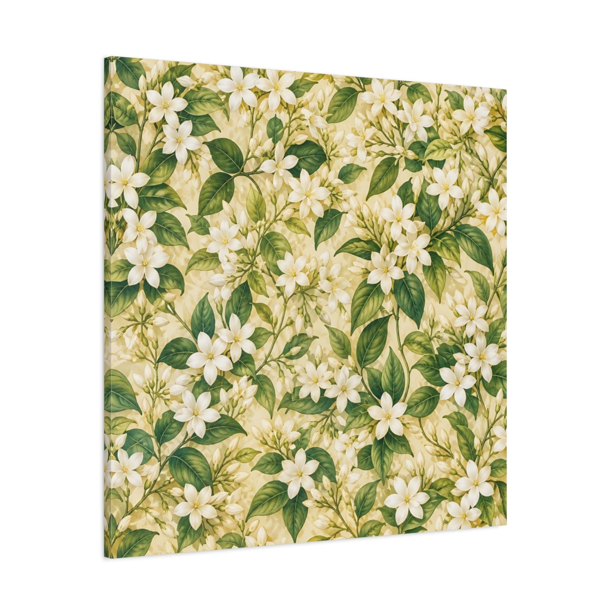 Side Mockup 1. Floral Jasmine Flowers White Green Floral shown as stretched canvas wall art