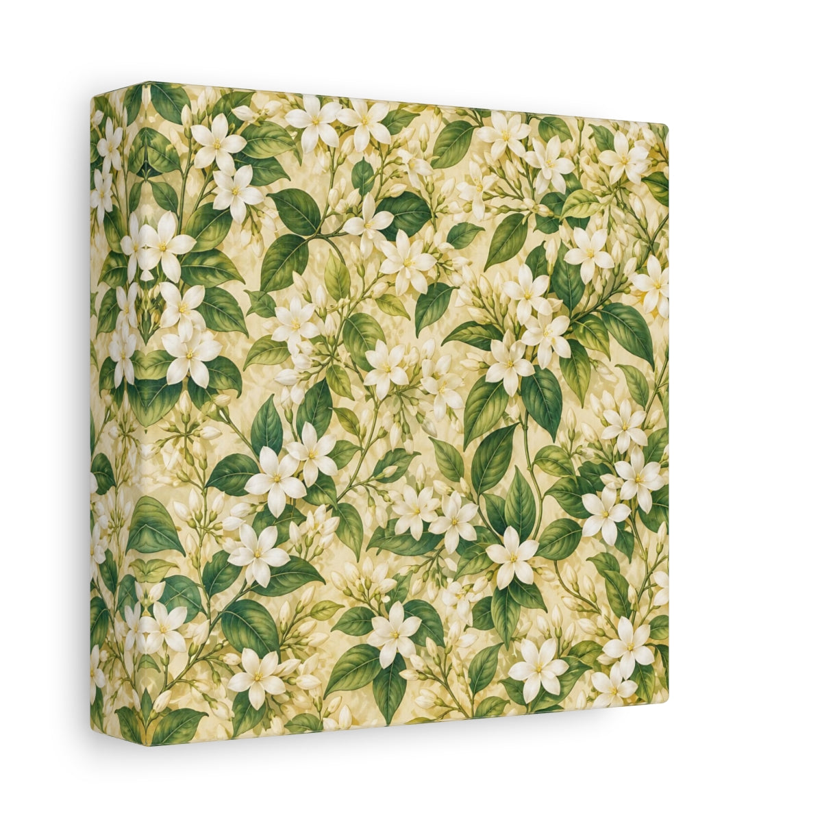 Side Mockup 2. Floral Jasmine Flowers White Green Floral shown as stretched canvas wall art