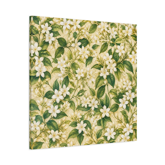 Main Mockup. Floral Jasmine Flowers White Green Floral shown as stretched canvas wall art