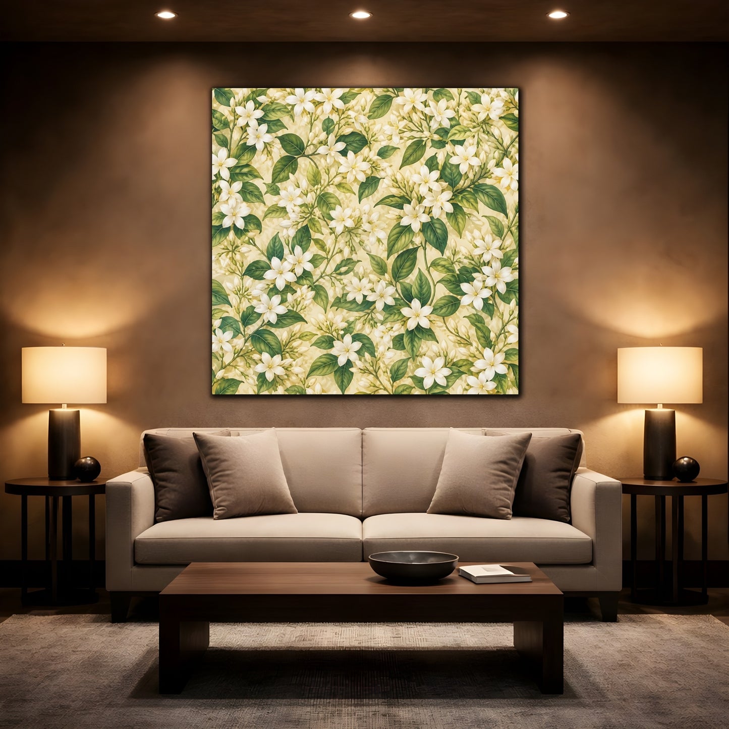 Mockup 2. Floral Jasmine Flowers White Green Floral shown as stretched canvas wall art