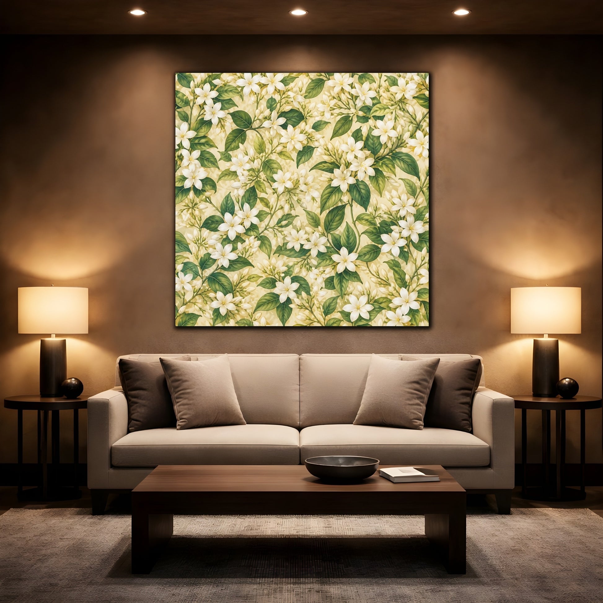 Mockup 2. Floral Jasmine Flowers White Green Floral shown as stretched canvas wall art