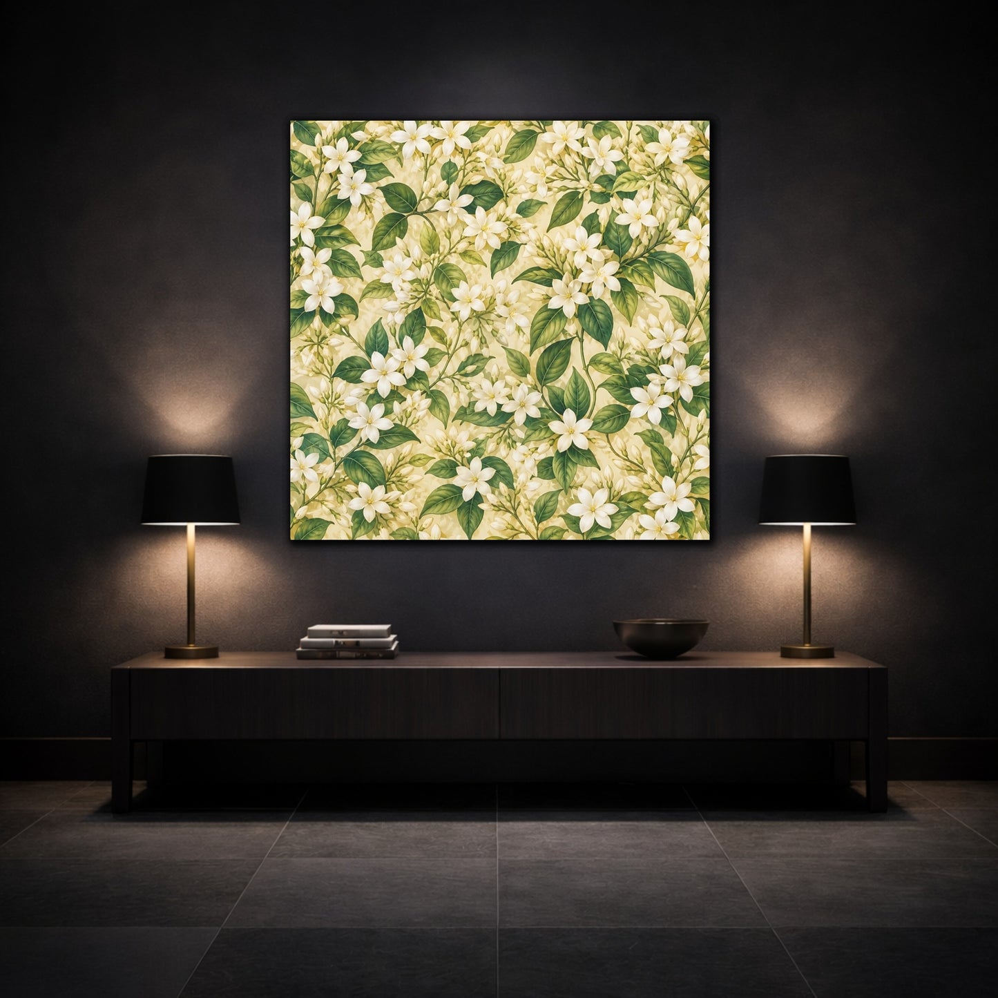 Mockup 3. Floral Jasmine Flowers White Green Floral shown as stretched canvas wall art