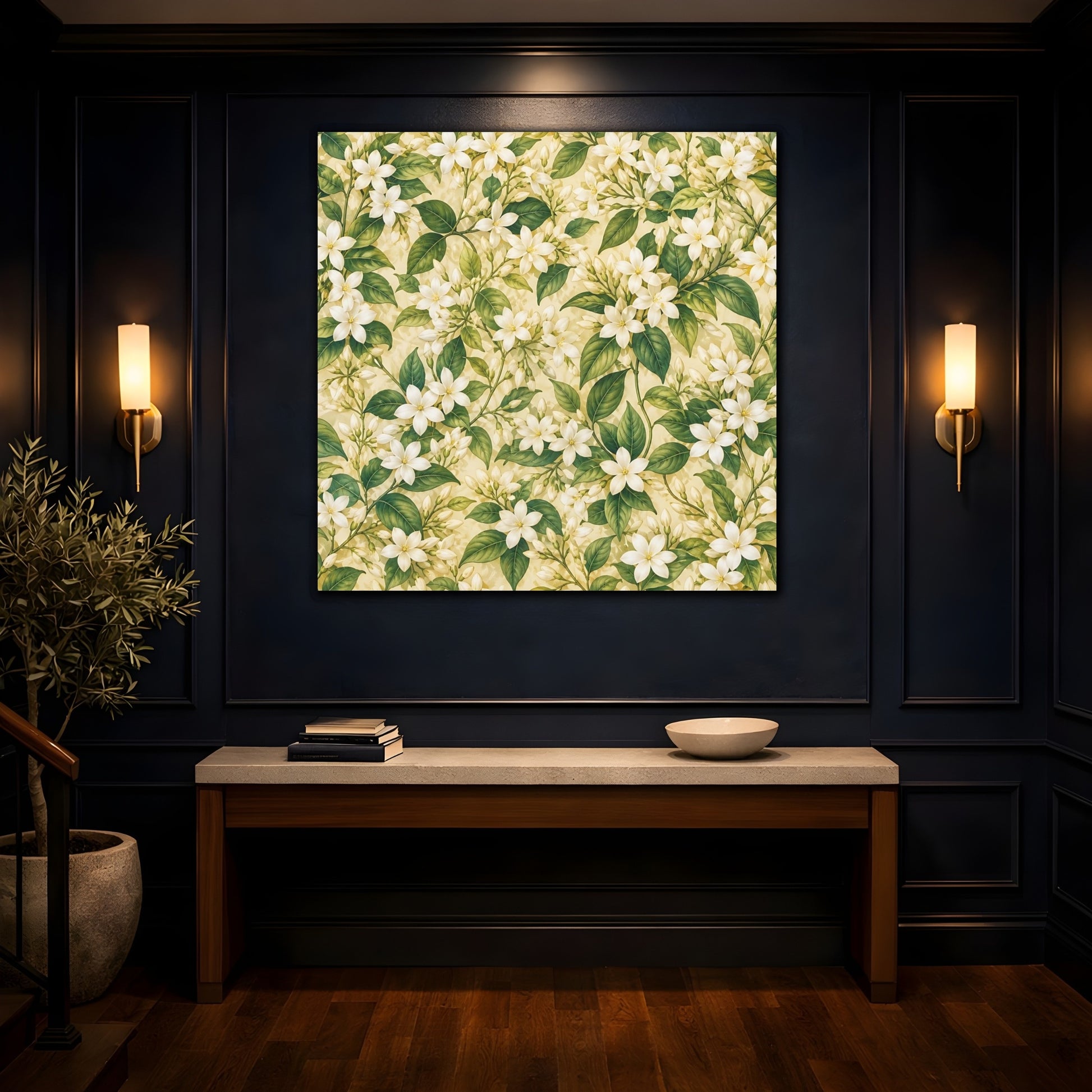 Mockup 4. Floral Jasmine Flowers White Green Floral shown as stretched canvas wall art