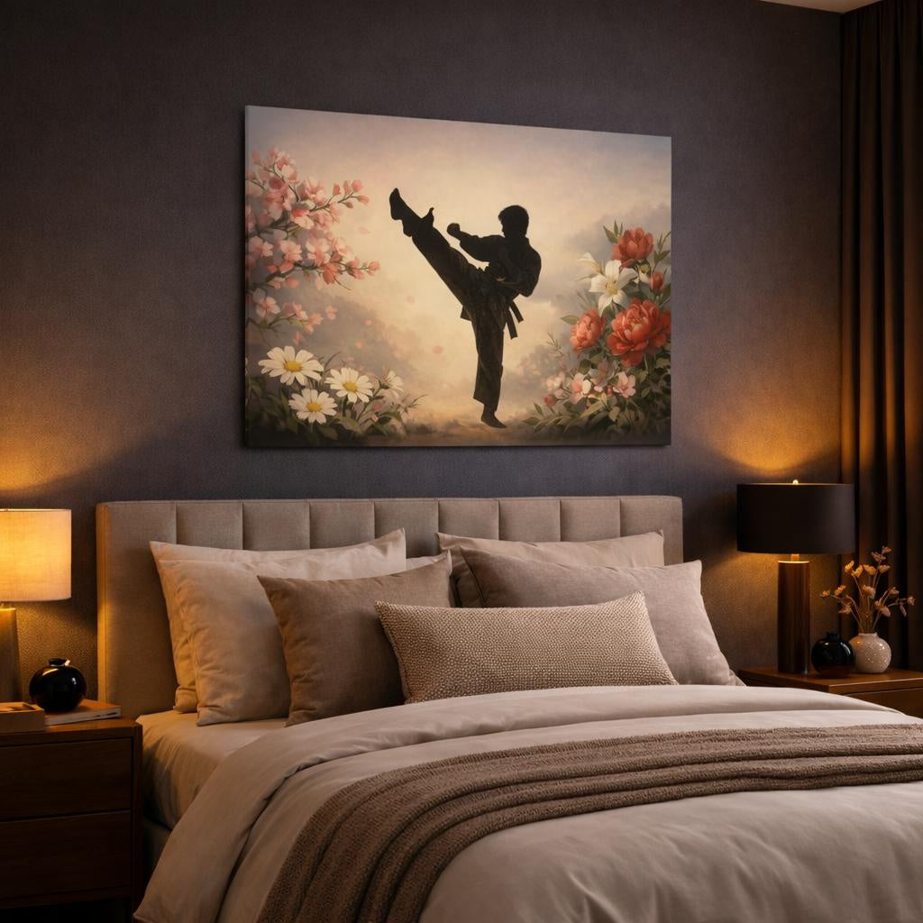 Floral Karate shown as canvas wall art in a luxury bedroom