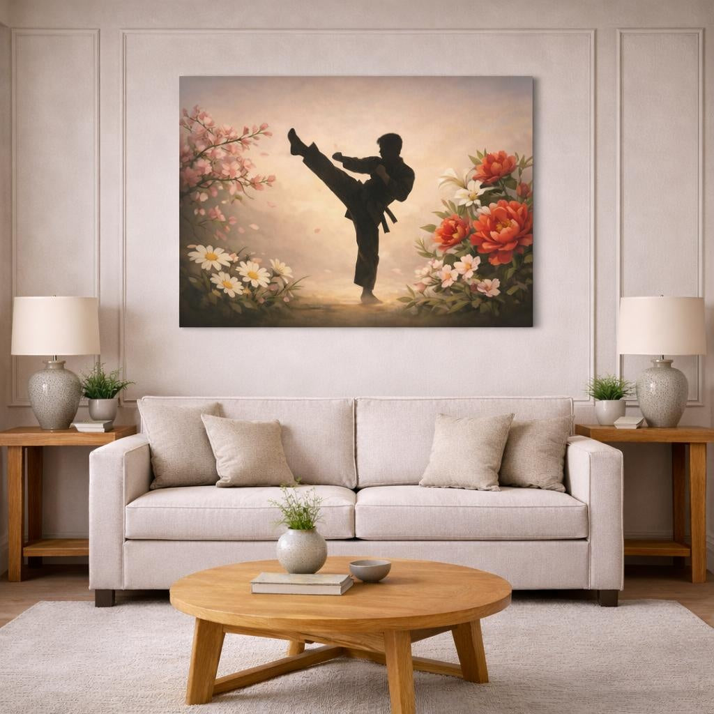 Floral Karate shown as canvas wall art in a modern living room