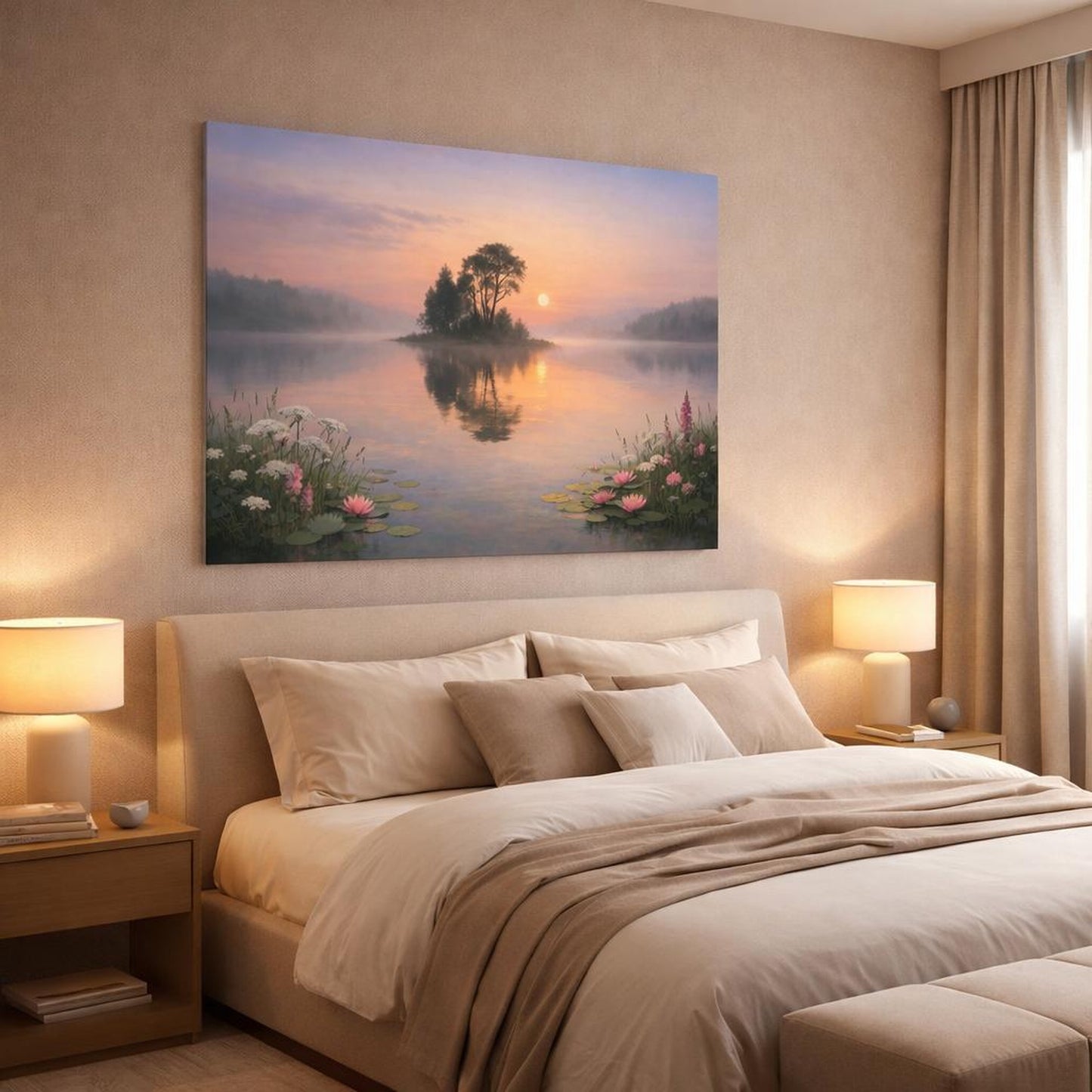 Floral Lake Peaceful shown as canvas wall art in a luxury bedroom