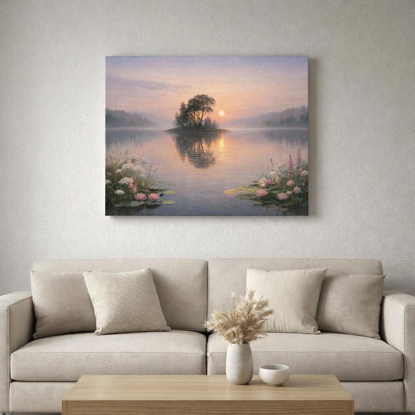 Floral Lake Peaceful shown as canvas wall art in a refined dining room