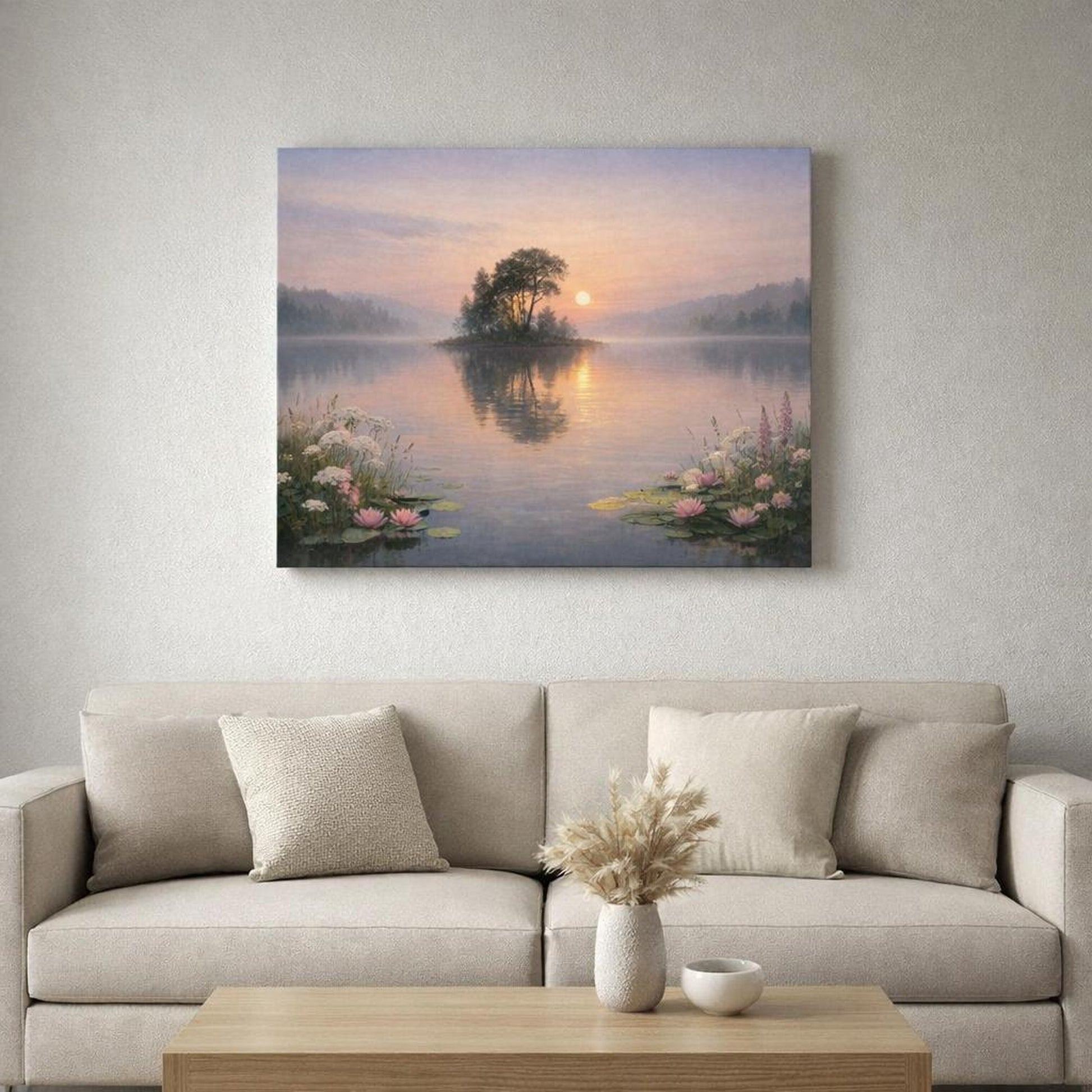 Floral Lake Peaceful shown as canvas wall art in a refined dining room