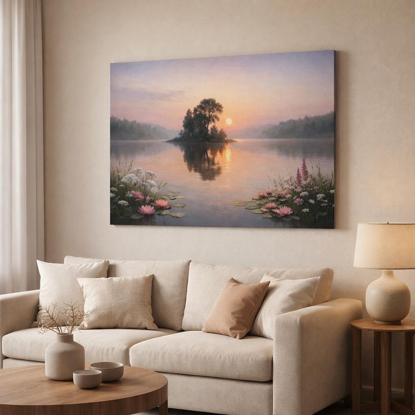 Floral Lake Peaceful shown as canvas wall art in a modern living room