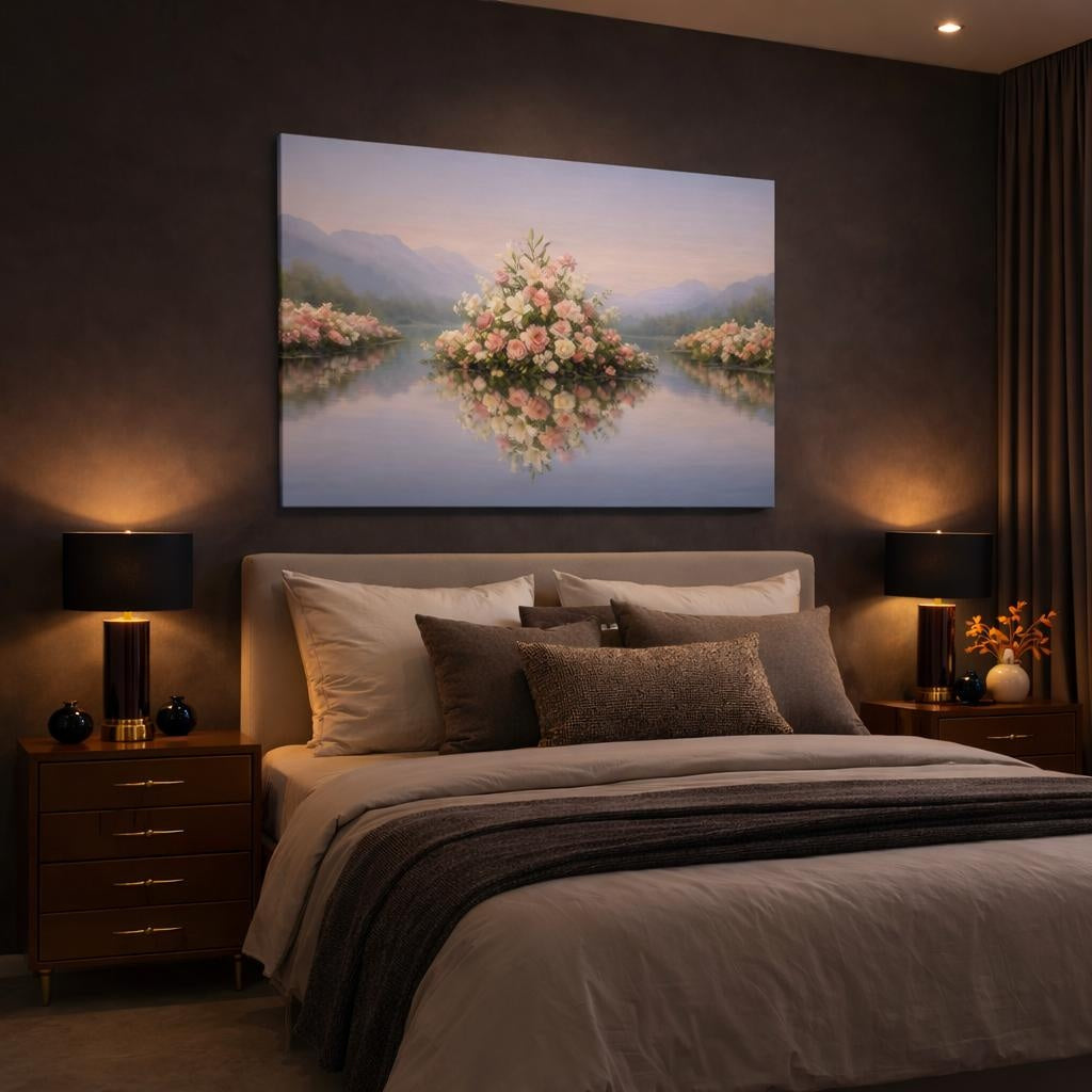 Floral Lake Reflection shown as canvas wall art in a luxury bedroom