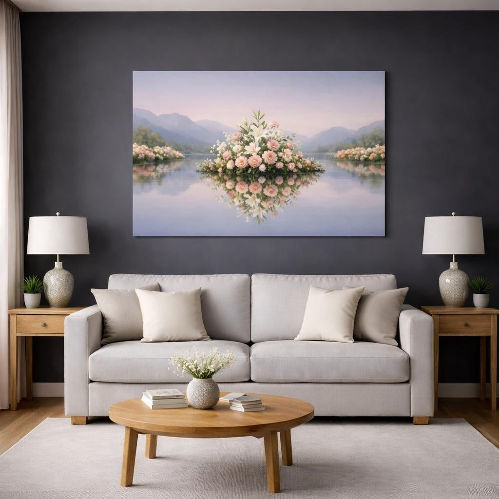 Floral Lake Reflection shown as canvas wall art in a modern living room