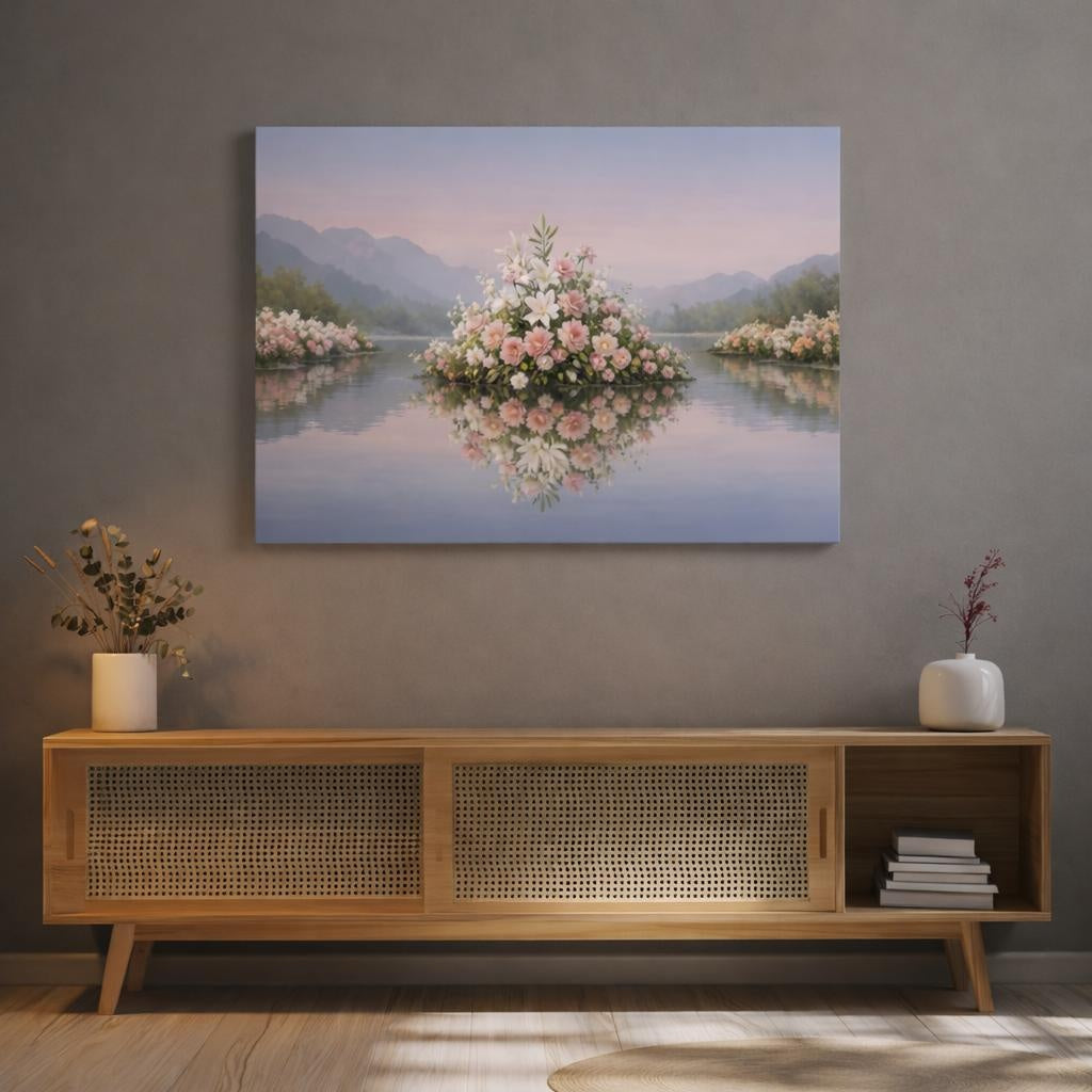 Floral Lake Reflection shown as canvas wall art in a refined dining room