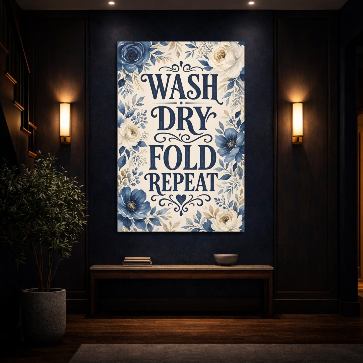 Floral Laundry Quote Blue Decor Canvas Print – Room, Statement Wall, - YesArtYes