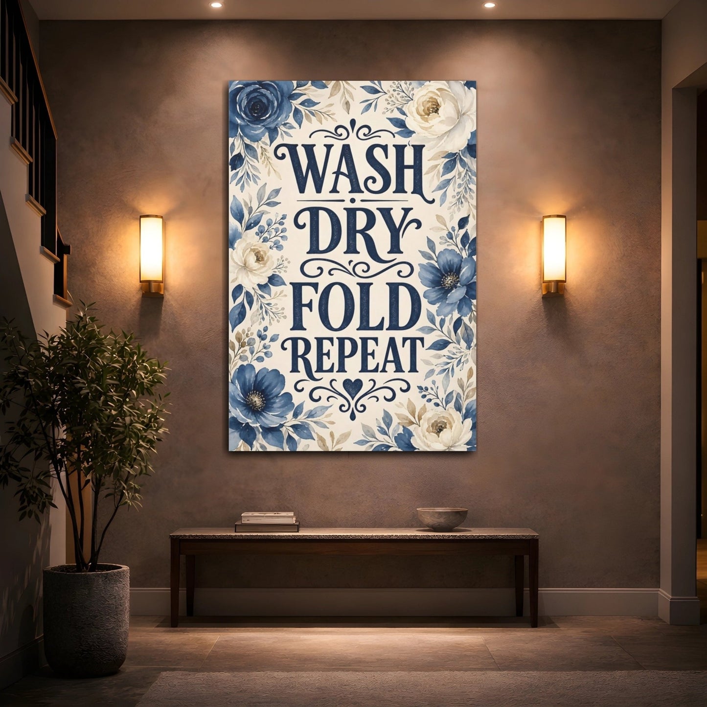 Floral Laundry Quote Blue Decor Canvas Print – Room, Statement Wall, - YesArtYes