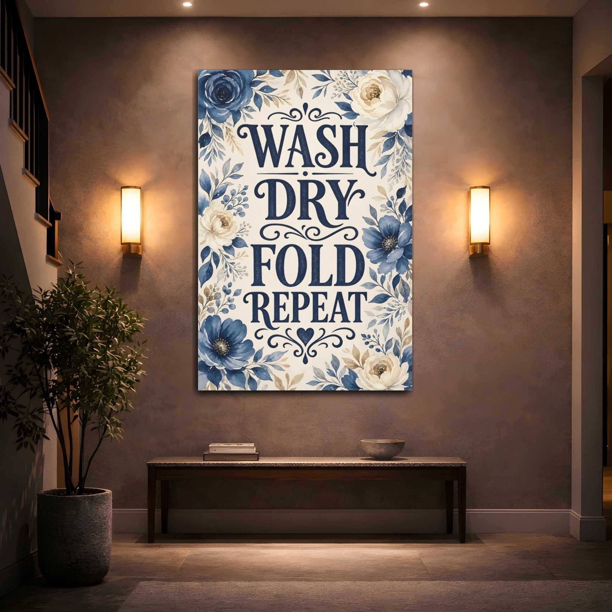 Floral Laundry Quote Blue Decor Canvas Print – Room, Statement Wall, - YesArtYes