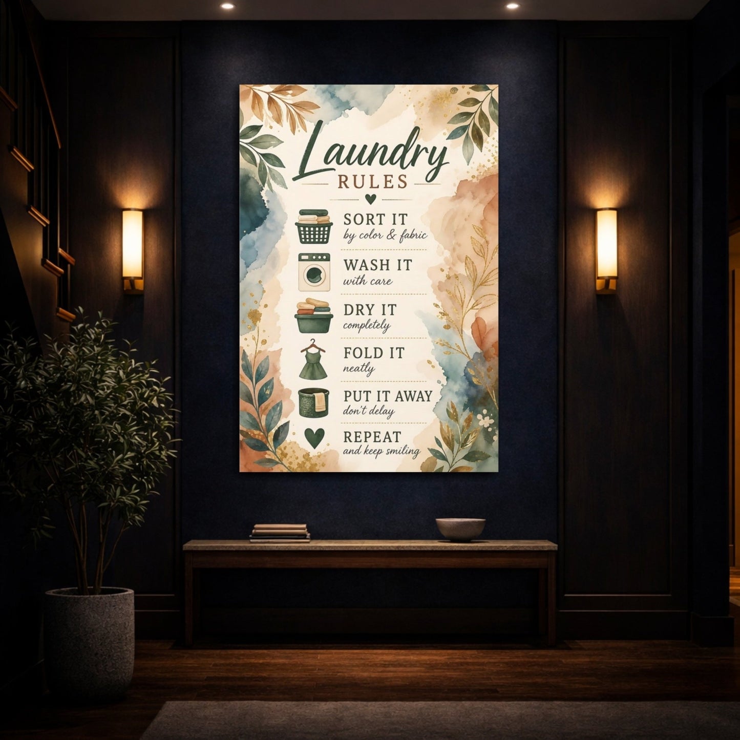 Floral Laundry Rules Green And Brown Canvas Wall Art Print – Watercolor Room, Statement - YesArtYes