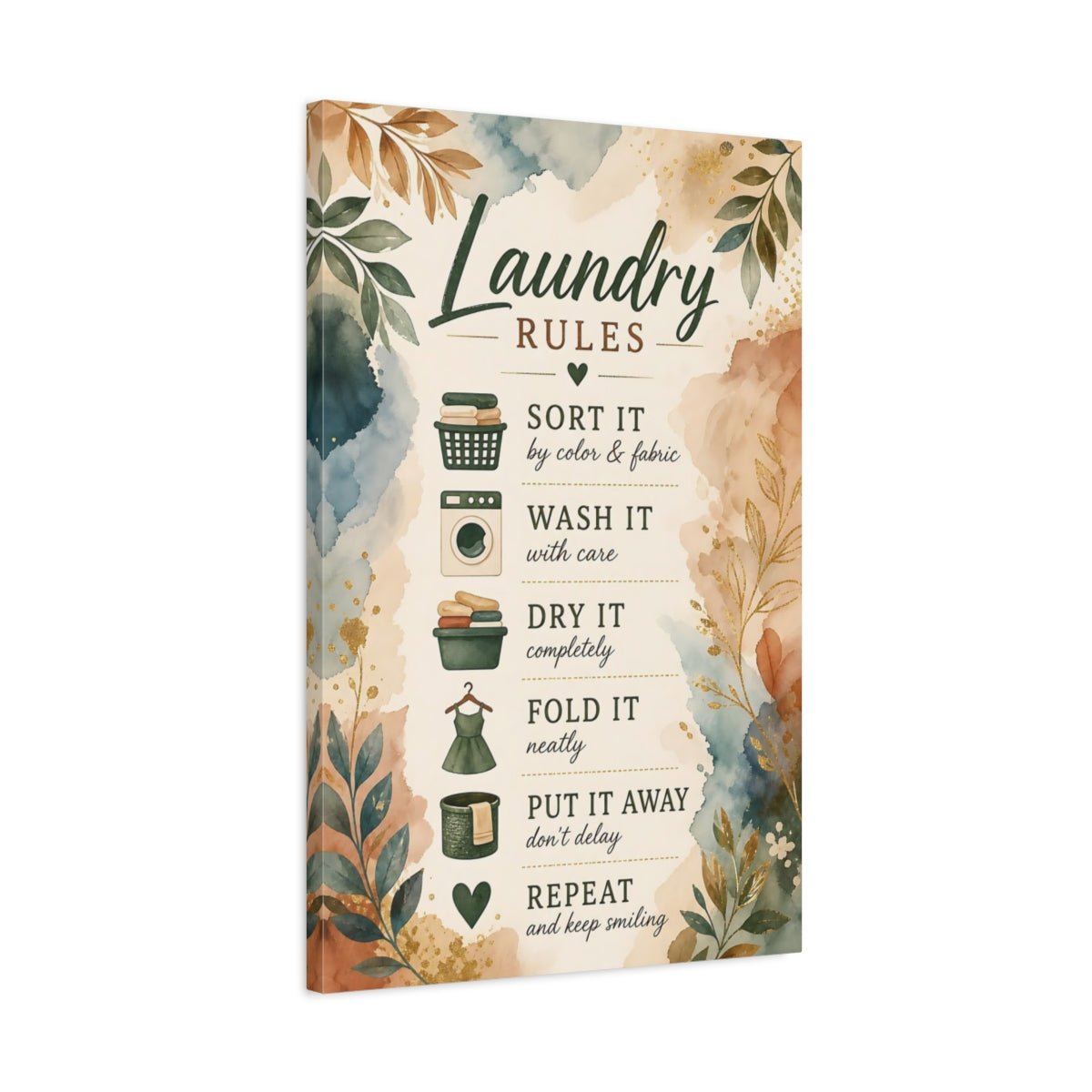 Floral Laundry Rules Green And Brown Canvas Wall Art Print – Watercolor Room, Statement - YesArtYes