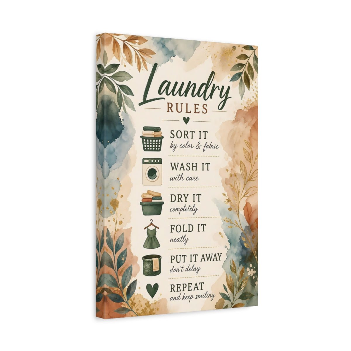 Floral Laundry Rules Green And Brown Canvas Wall Art Print – Watercolor Room, Statement - YesArtYes