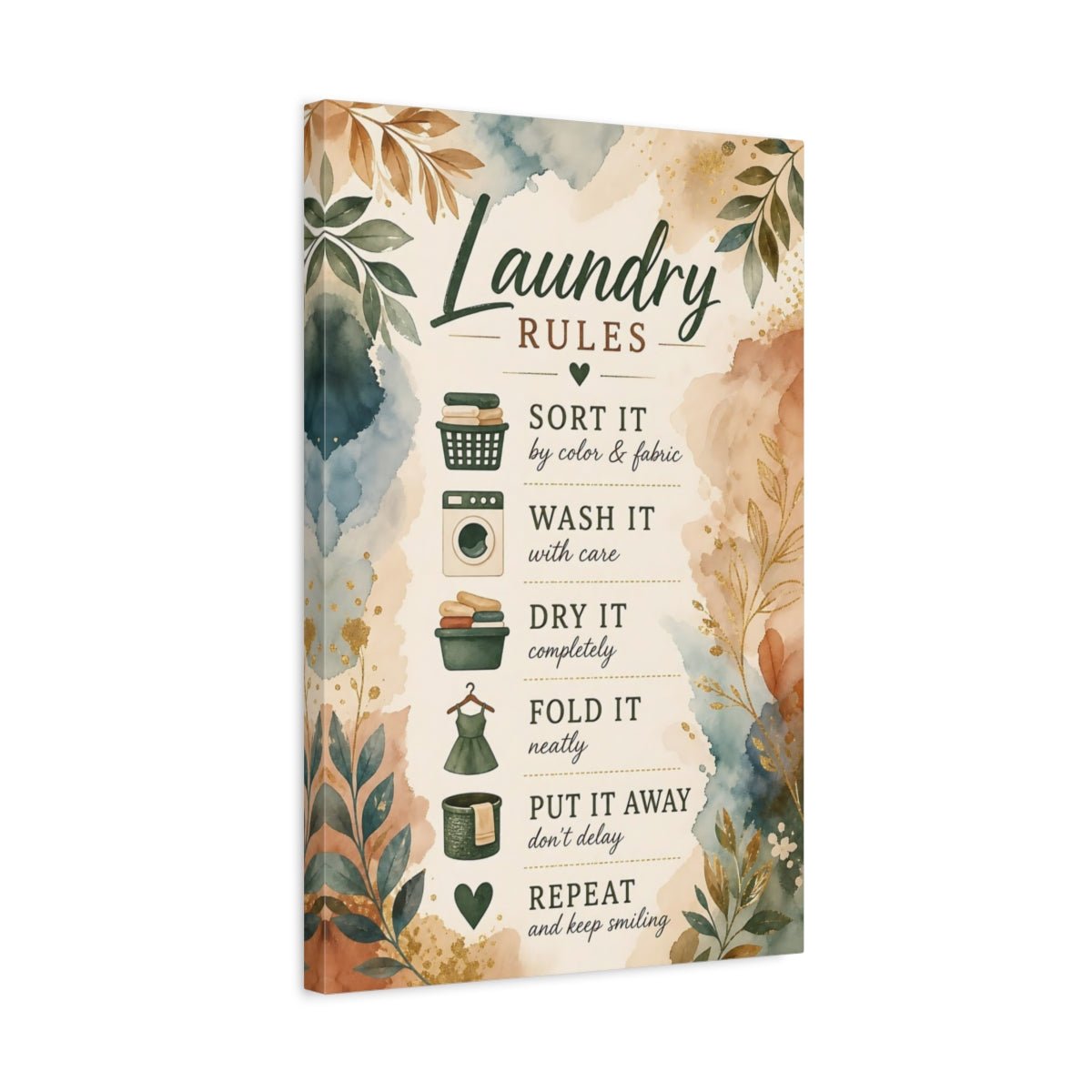 Floral Laundry Rules Green And Brown Canvas Wall Art Print – Watercolor Room, Statement - YesArtYes