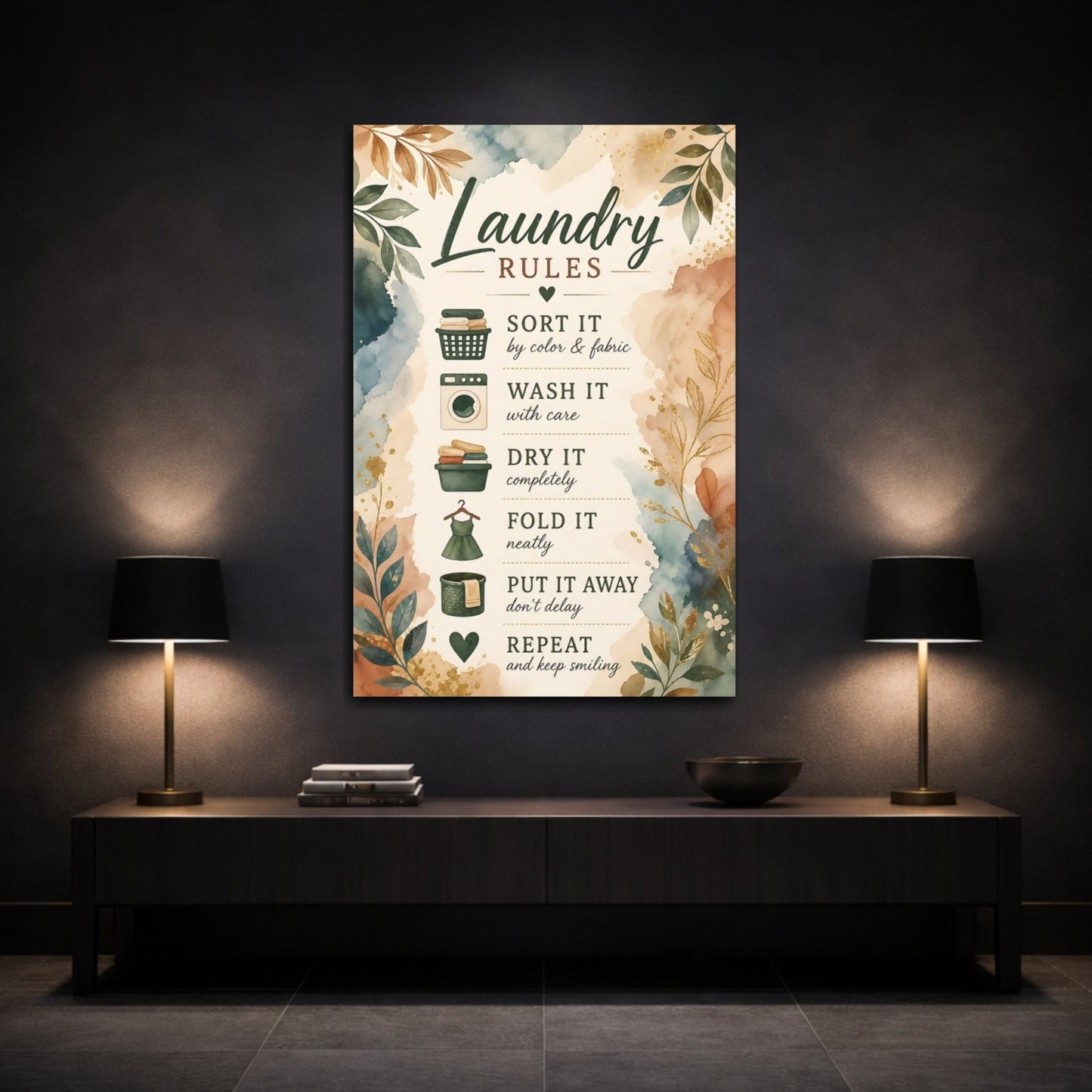Floral Laundry Rules Green And Brown Canvas Wall Art Print – Watercolor Room, Statement - YesArtYes