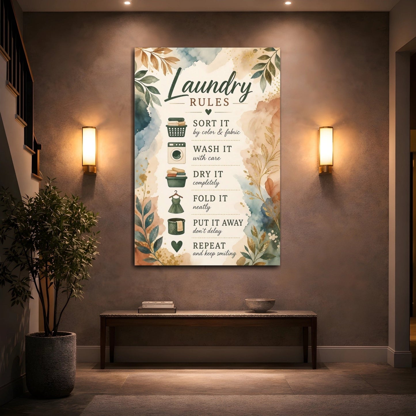 Floral Laundry Rules Green And Brown Canvas Wall Art Print – Watercolor Room, Statement - YesArtYes