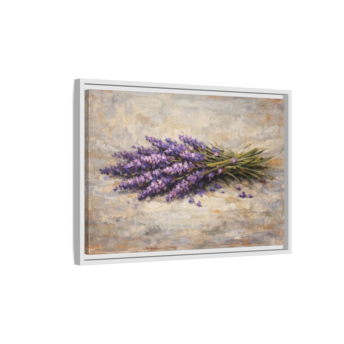 Side Mockup 1. Floral Lavender Bouquet Purple Lavender Floral shown as stretched canvas wall art