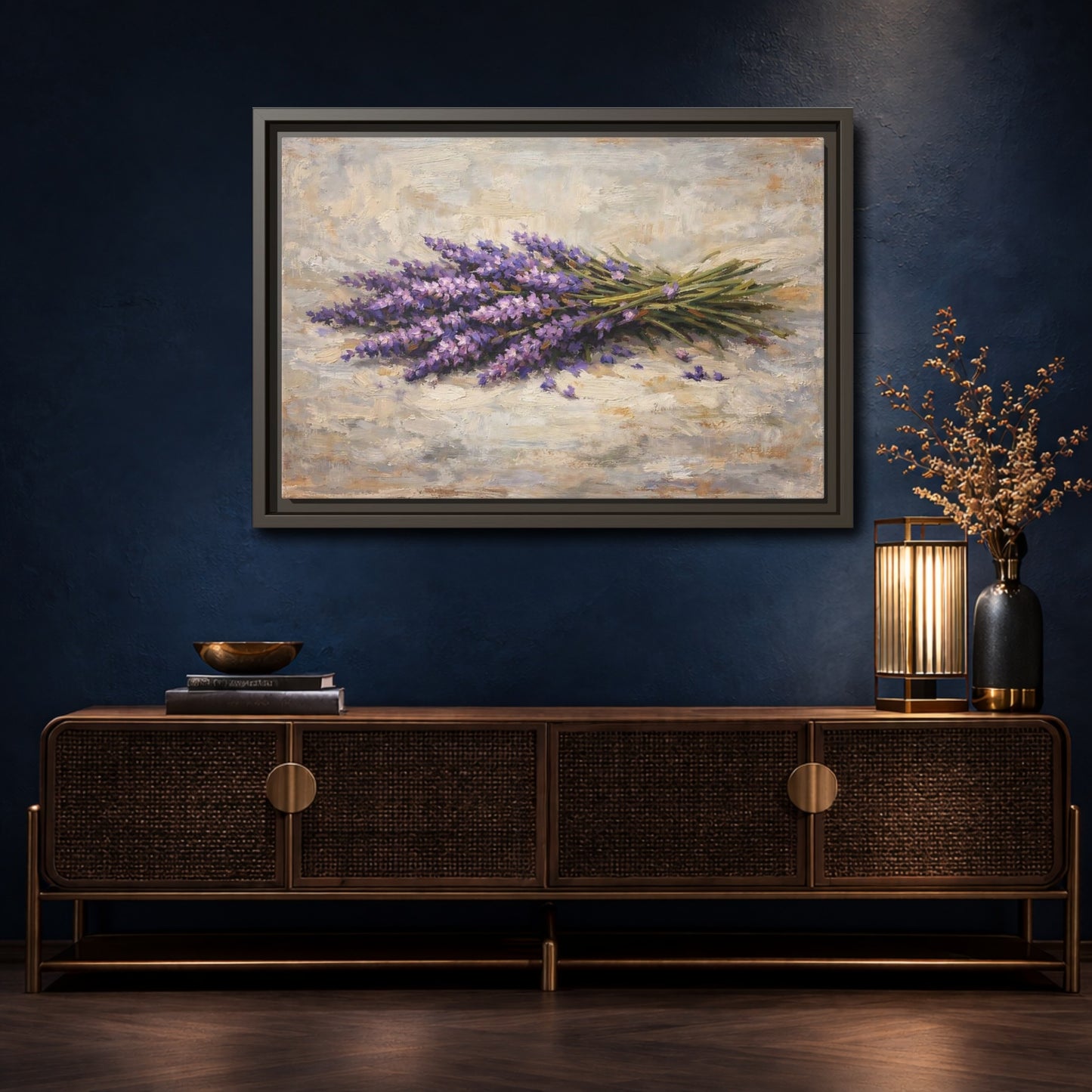 Mockup 4. Floral Lavender Bouquet Purple Lavender Floral shown as stretched canvas wall art