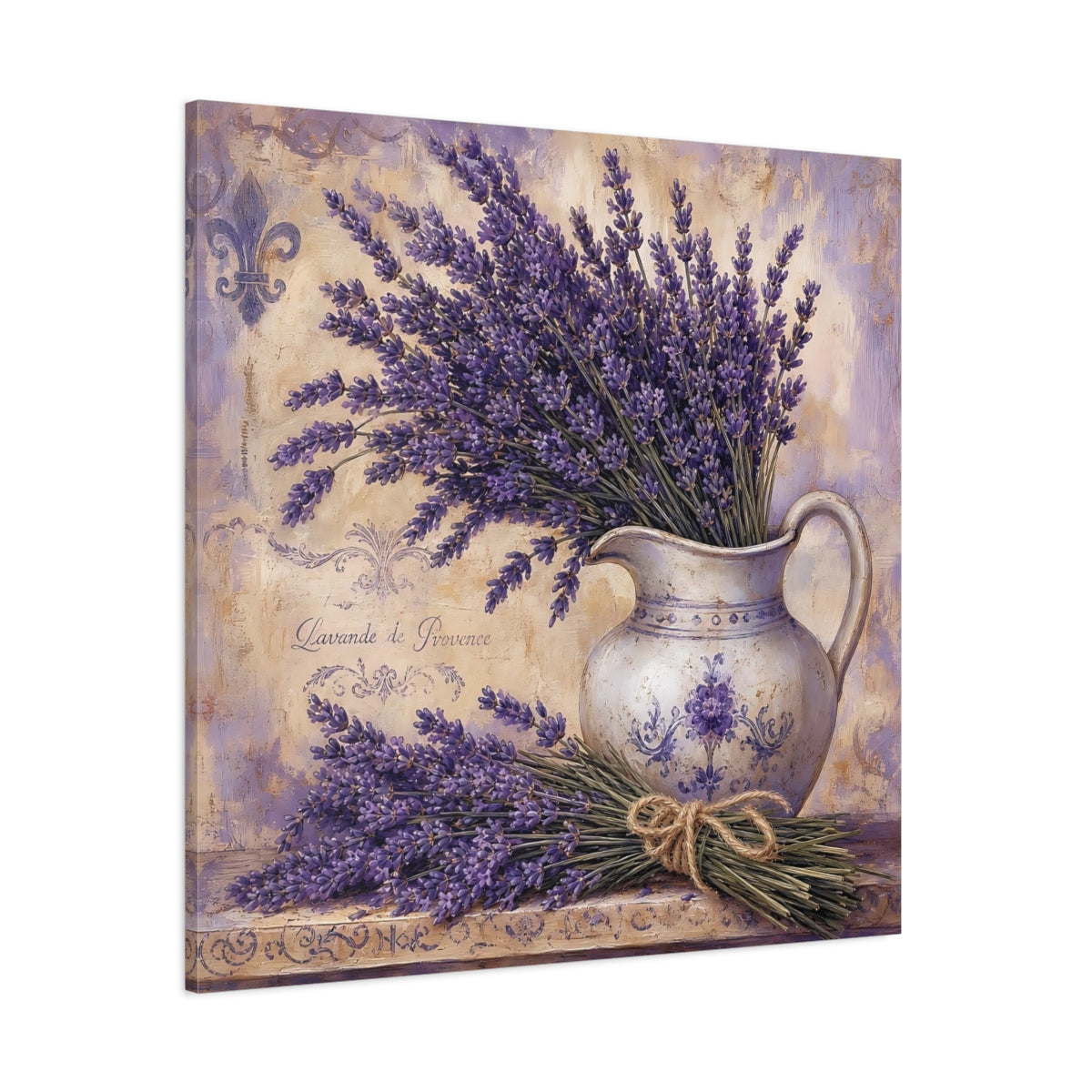 Side Mockup 1. Floral Lavender Purple Lavender shown as stretched canvas wall art