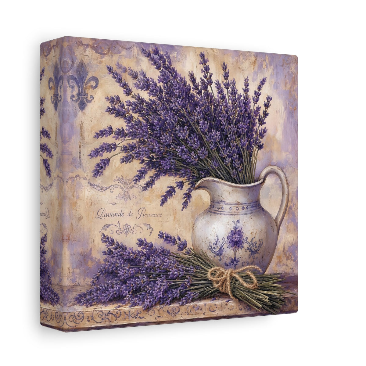 Side Mockup 2. Floral Lavender Purple Lavender shown as stretched canvas wall art