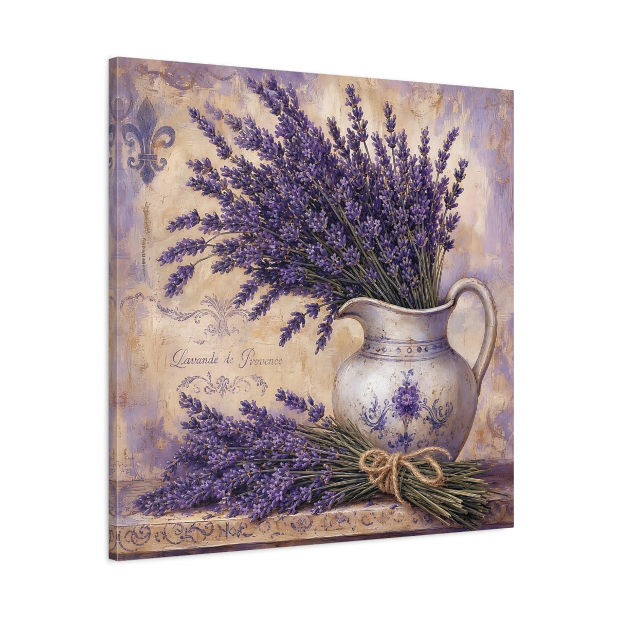 Side Mockup 3. Floral Lavender Purple Lavender shown as stretched canvas wall art