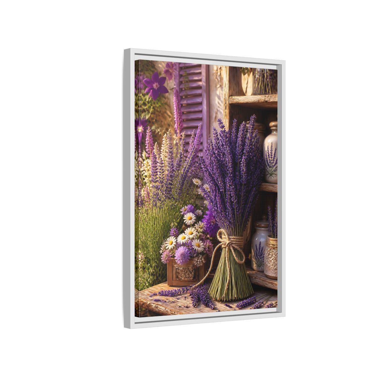 Side Mockup 1. Floral Lavender Purple Lavender shown as framed canvas print