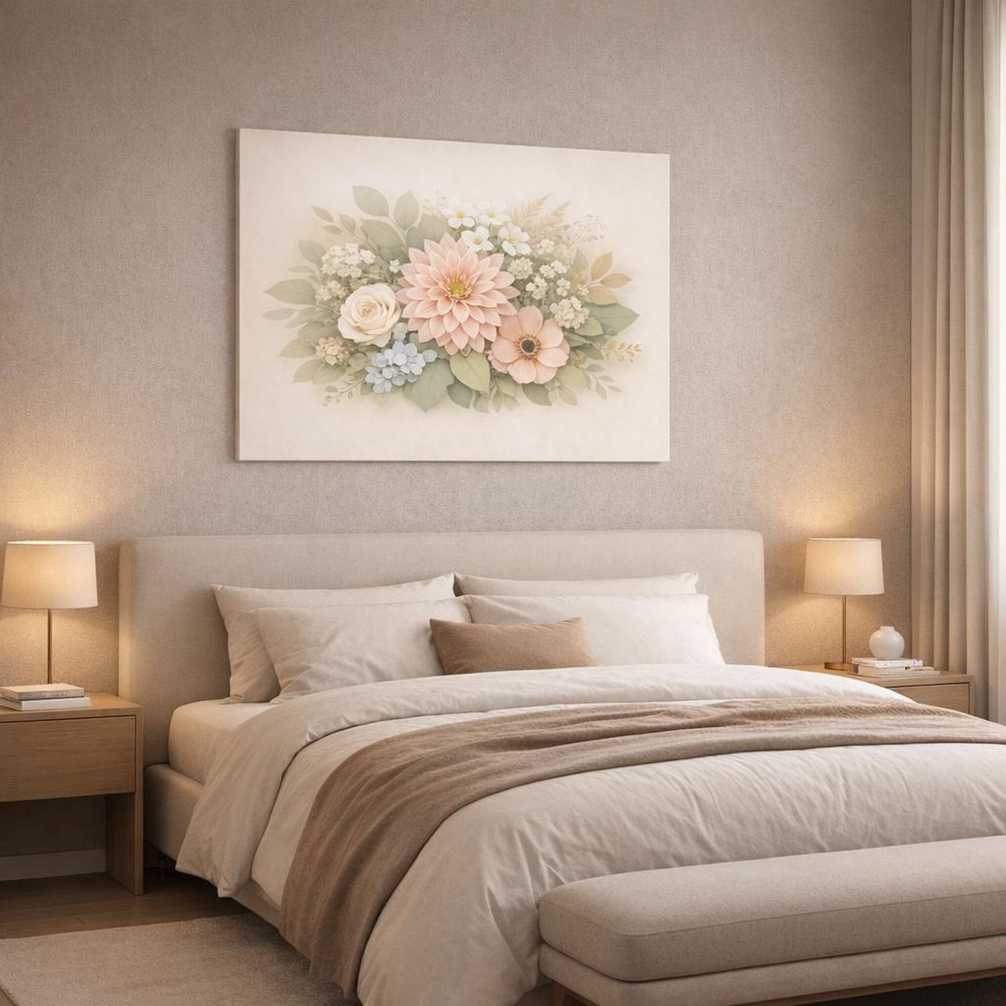 Floral Leaves Botanical shown as canvas wall art in a luxury bedroom