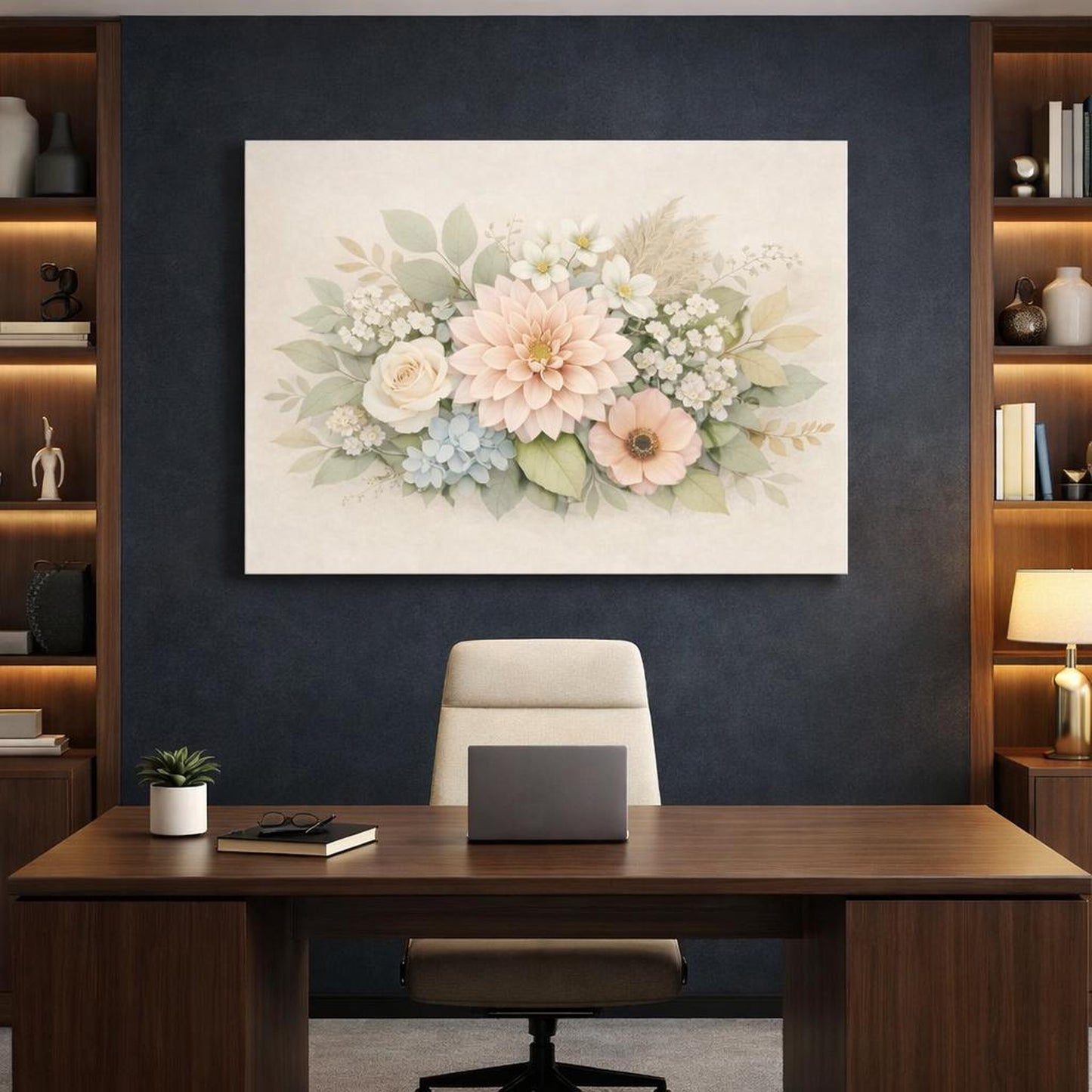Floral Leaves Botanical shown as canvas wall art in a refined dining room