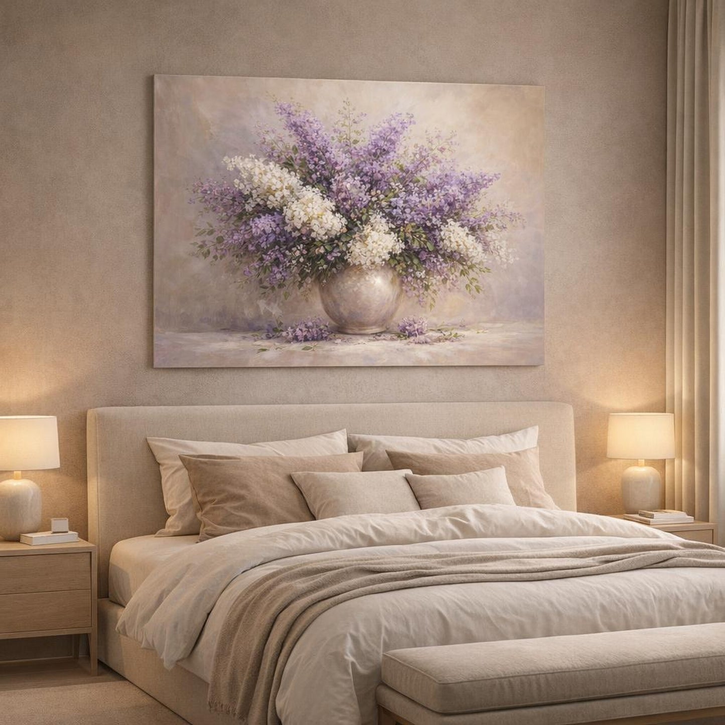 Floral Lilac Bouquet Purple And White Lilac shown as canvas wall art in a luxury bedroom