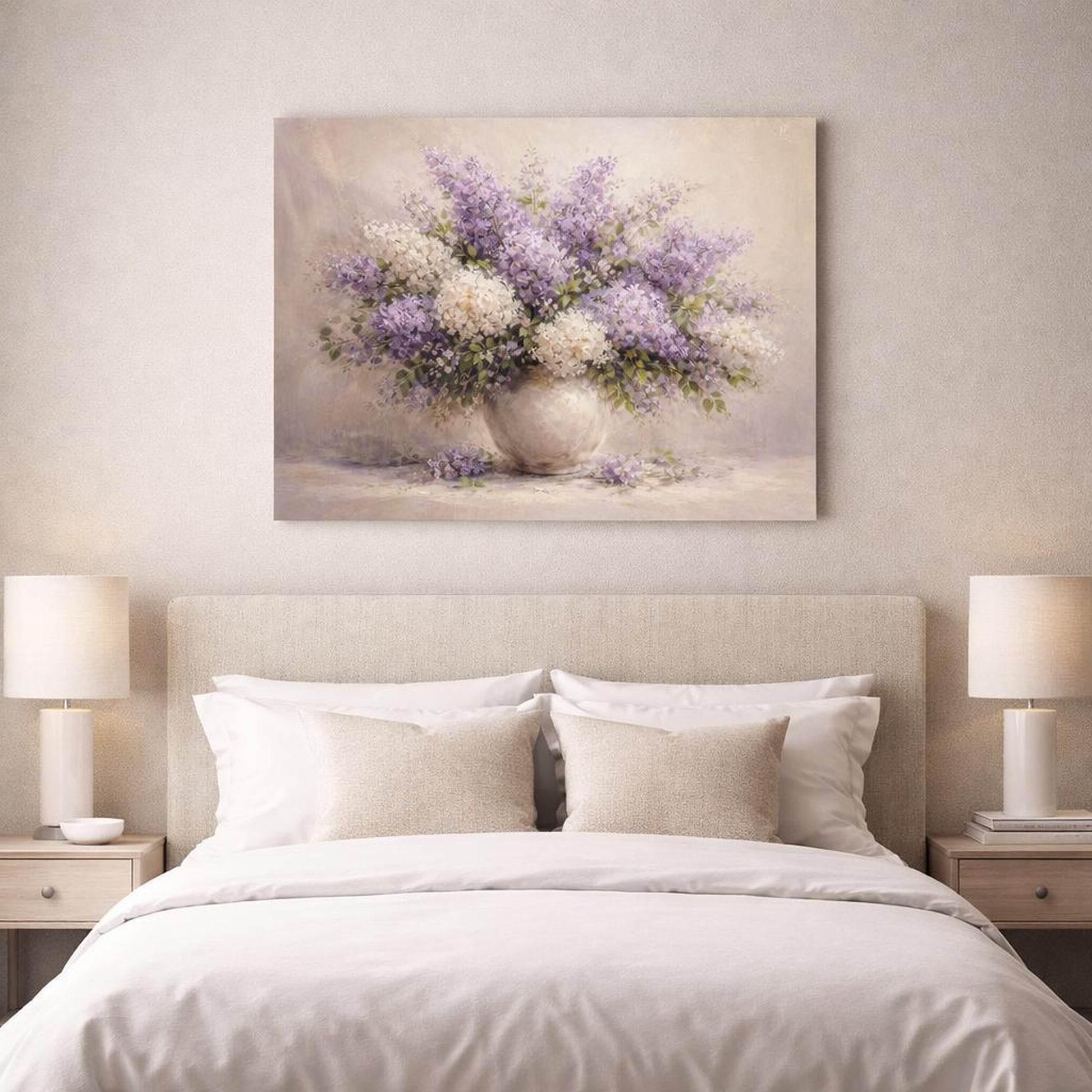 Floral Lilac Bouquet Purple And White Lilac shown as canvas wall art in a refined dining room