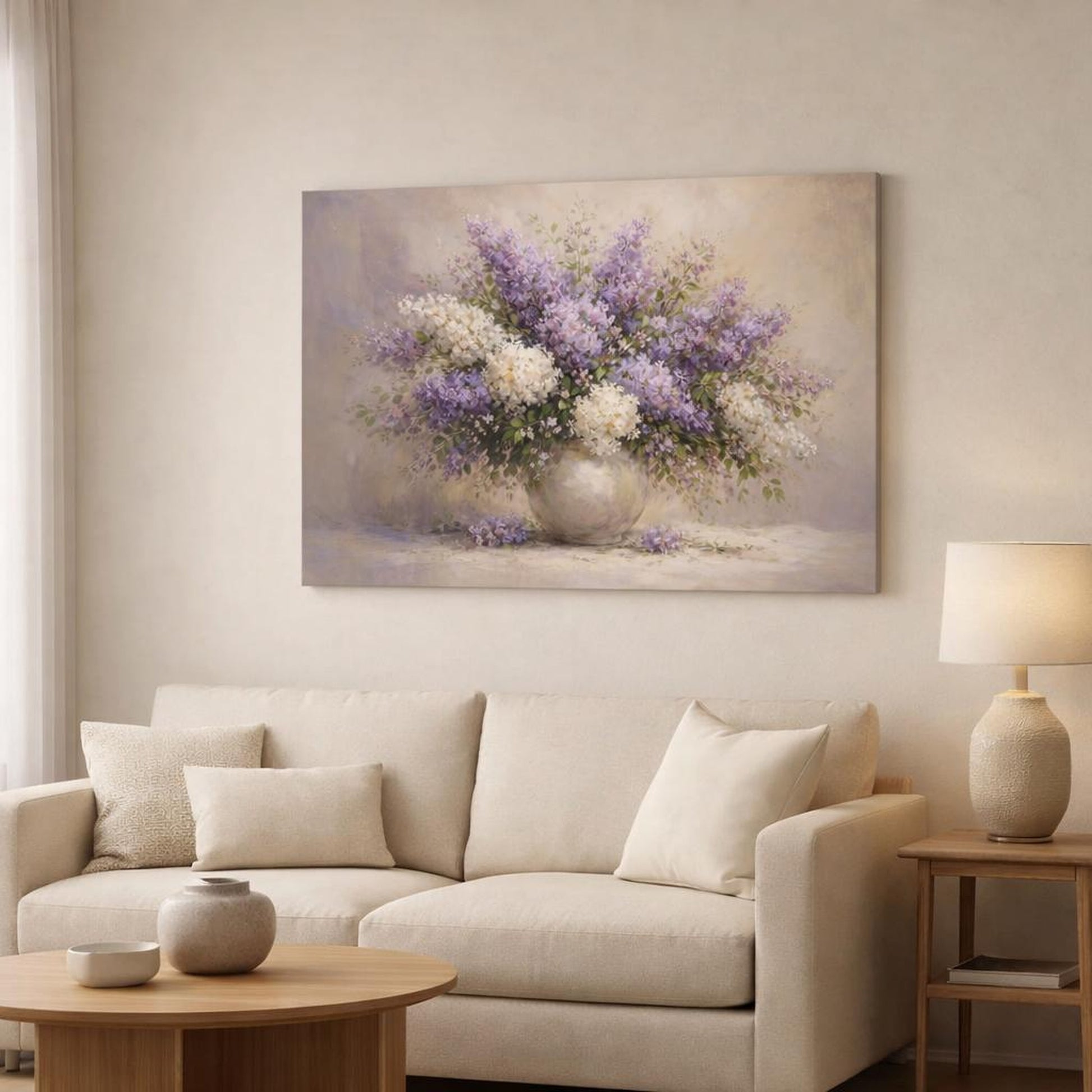 Floral Lilac Bouquet Purple And White Lilac shown as canvas wall art in a modern living room