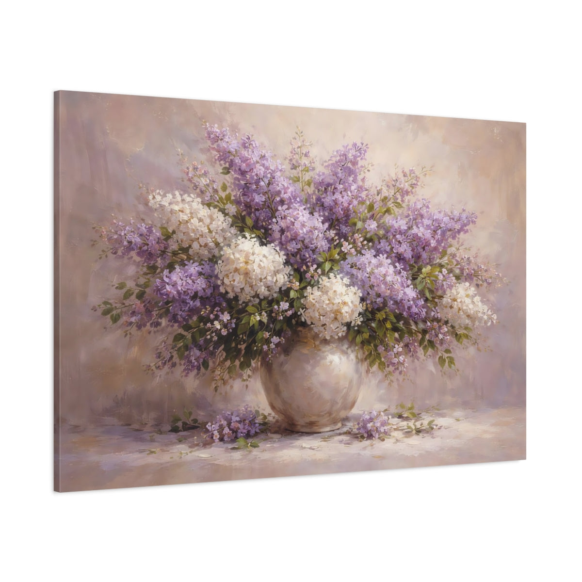 Floral Lilac Bouquet Purple And White Lilac shown as stretched canvas wall art