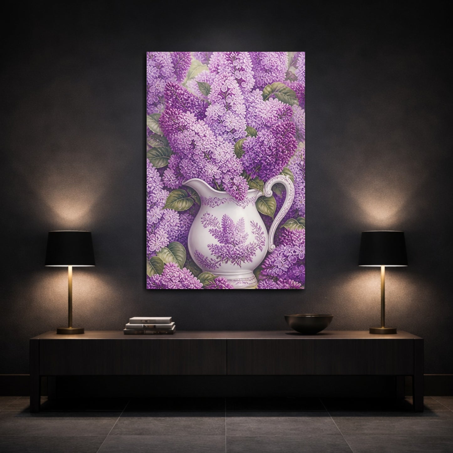 Mockup 3. Floral Lilacs Purple Lilac shown as canvas print