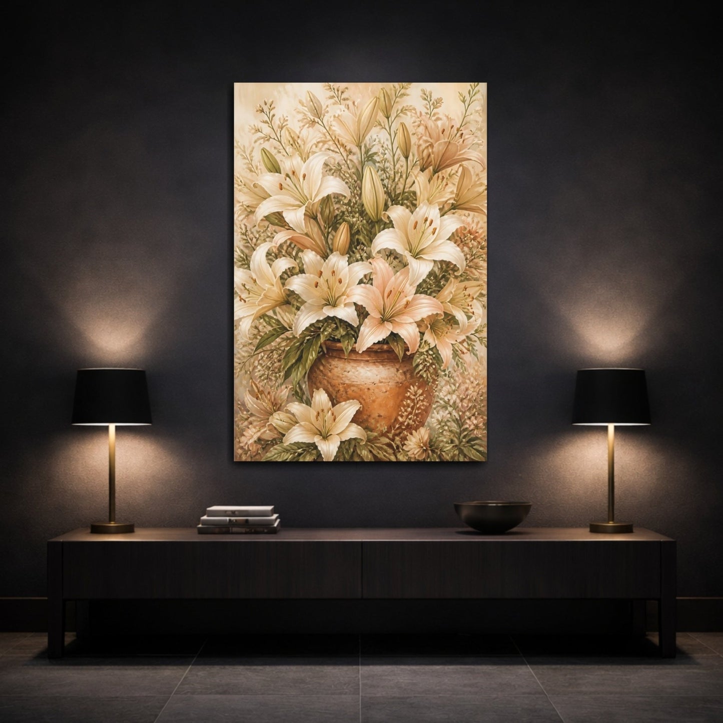 Floral Lilies Cream And Peach Canvas Print Wall Art – Vintage Living Room, Above Console Table - YesArtYes