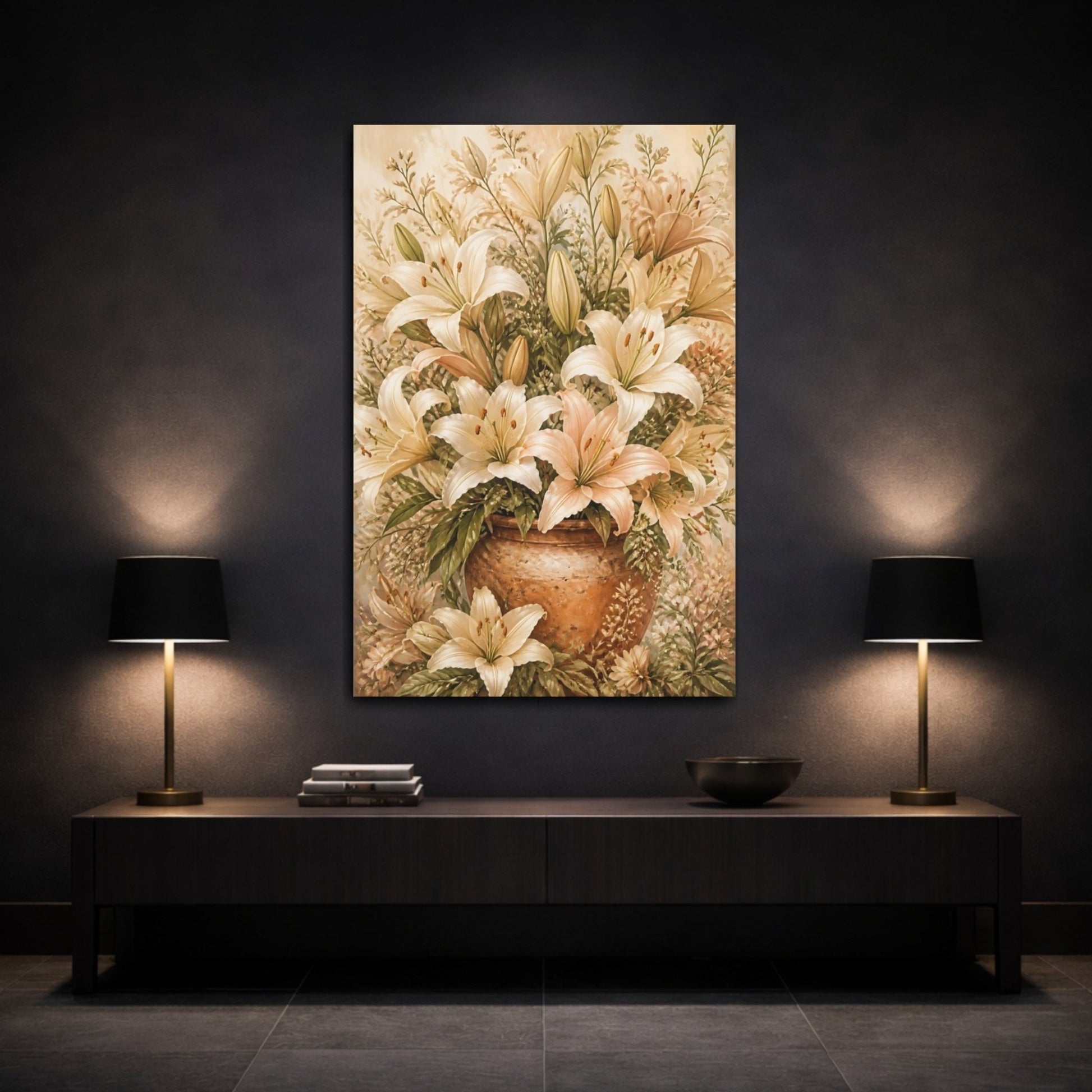 Floral Lilies Cream And Peach Canvas Print Wall Art – Vintage Living Room, Above Console Table - YesArtYes