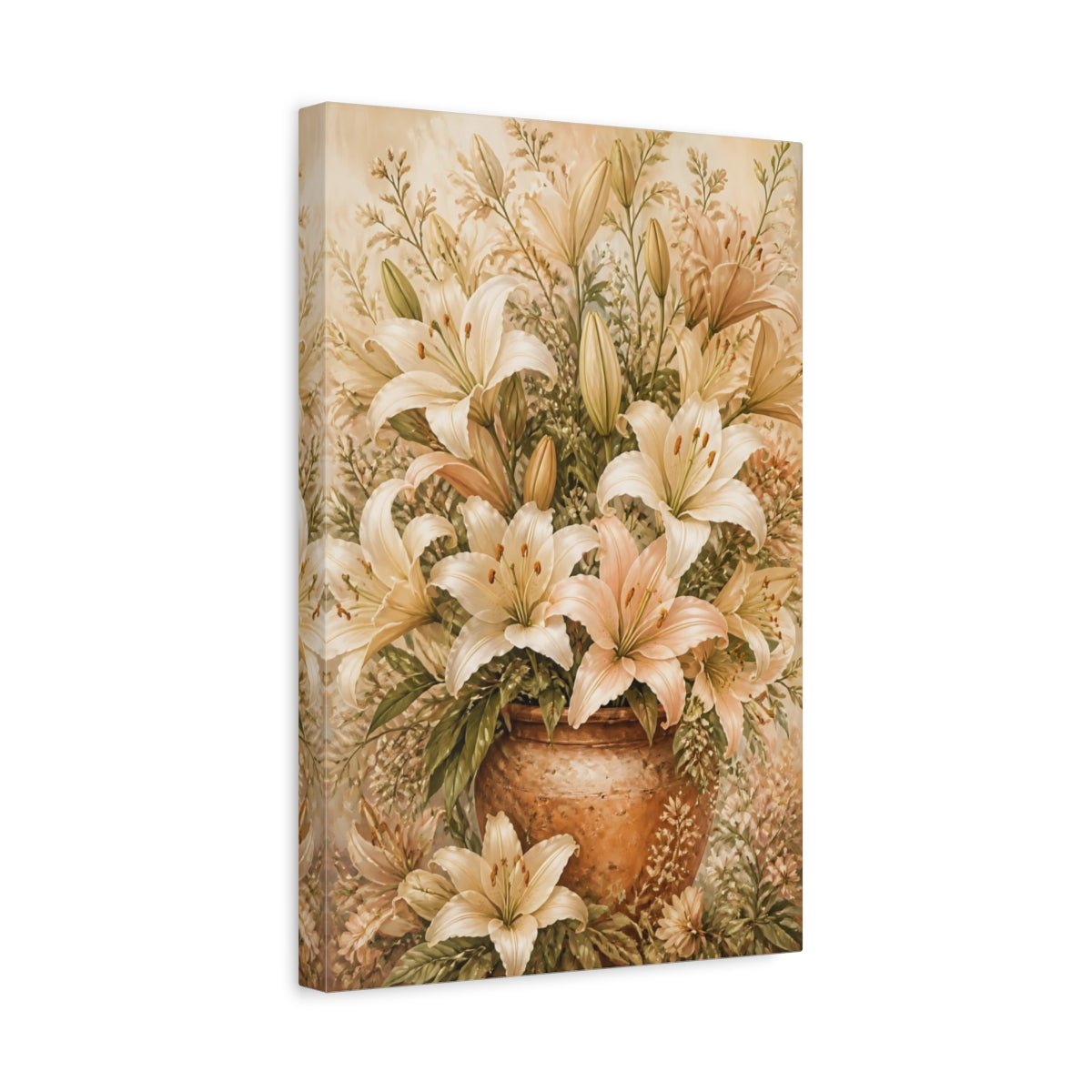 Floral Lilies Cream And Peach Canvas Print Wall Art – Vintage Living Room, Above Console Table - YesArtYes