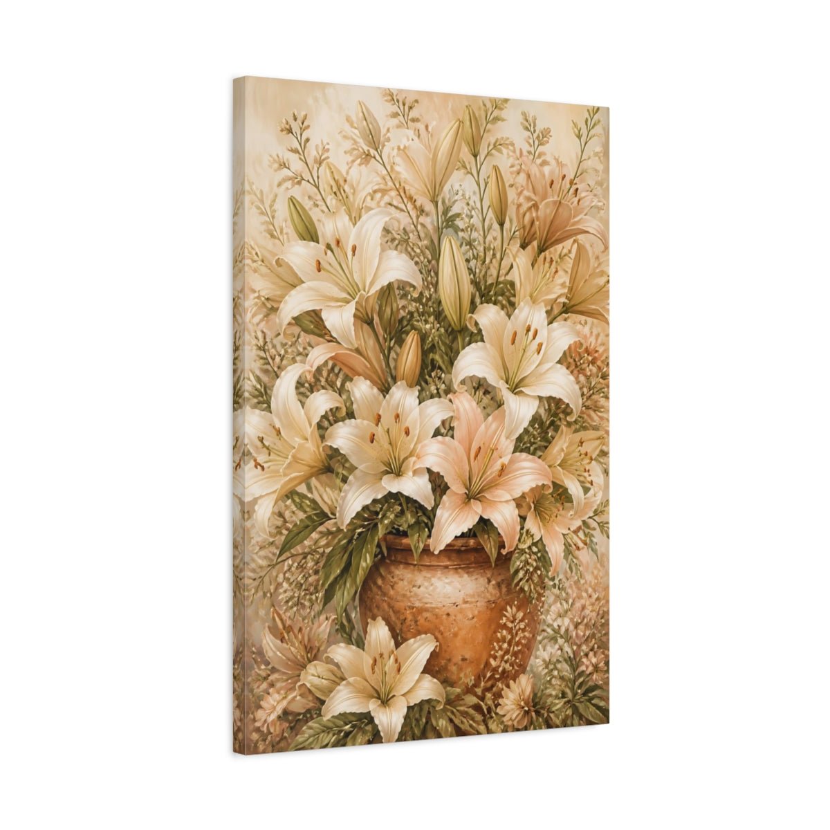 Floral Lilies Cream And Peach Canvas Print Wall Art – Vintage Living Room, Above Console Table - YesArtYes